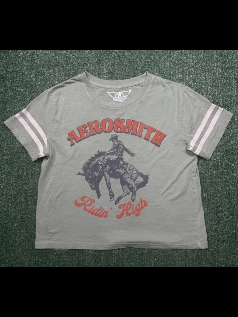 Aerosmith x Goodie Two Sleeve Shirt Women's Size L Green Baby Doll Tee Cropped
